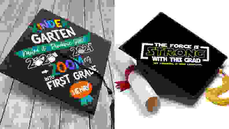 Two mortarboard grad caps: One is pandemic-themed and the other is Star Wars theme.