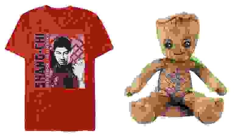 red tshirt on left, mini Groot (tree person) plush on right