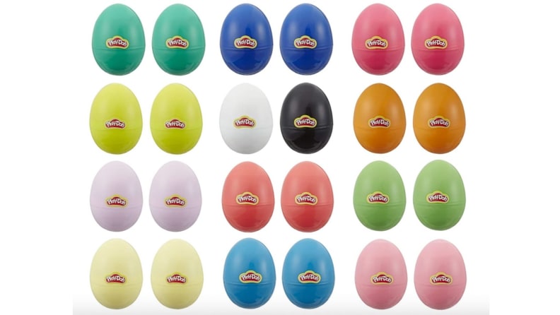 Two dozen, brightly colored Easter eggs filled with Play-doh