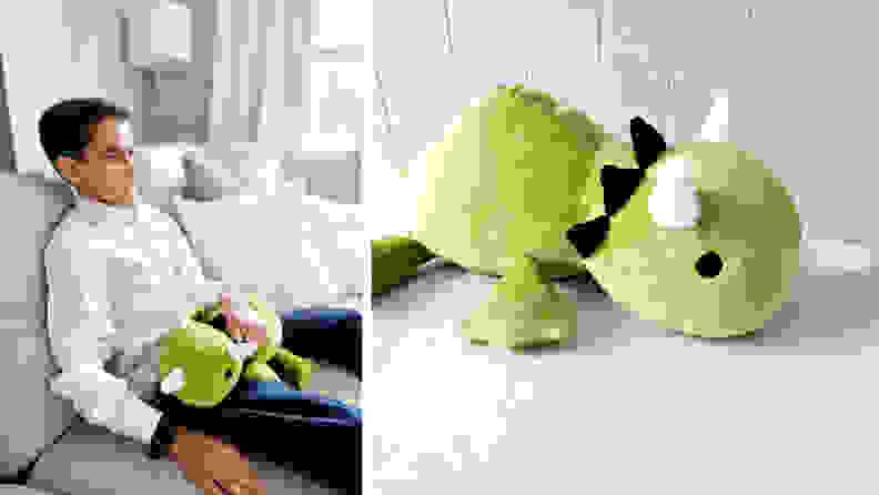 Photo collage of child sitting on the couch with the Merry XD Weighted Plush dinosaur in their lap and Merry XD Weighted Plush on marble counterop.