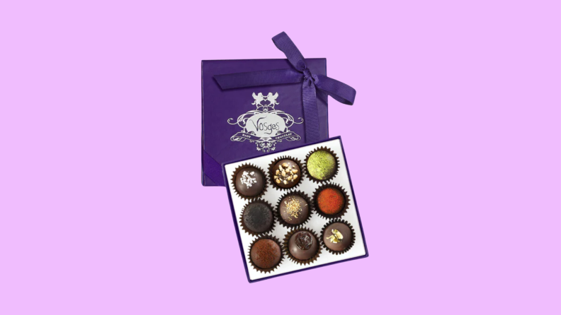 Box of Vosges chocolates on purple background