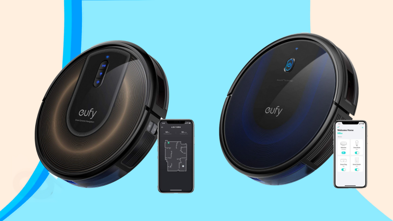 Two robot vacuums from Eufy next to compatible smartphones.