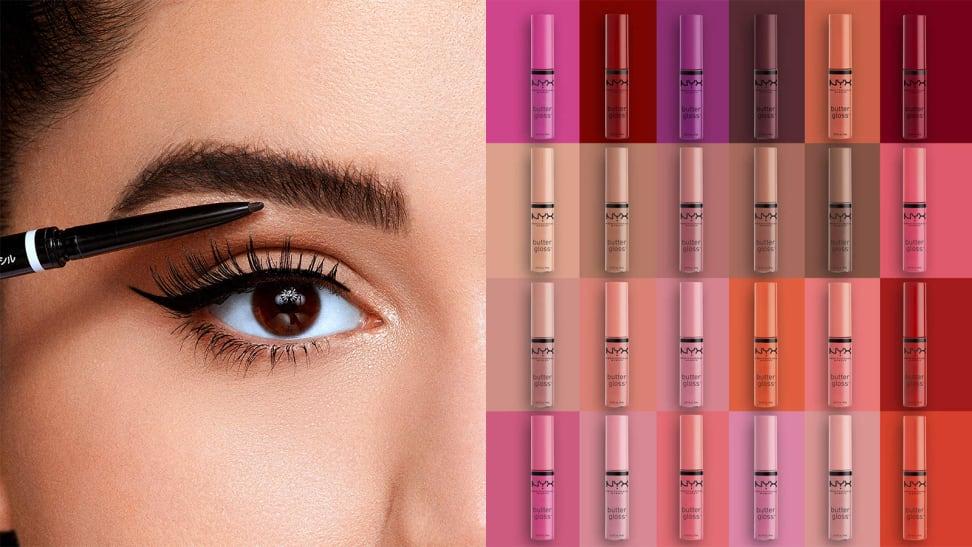 A photo of a woman using an eyebrow pencil next to a photo of the NYX Professional Makeup Butter Glosses.