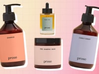 Shampoo, conditioner, a pre-shampoo mask, and hair oil from Prose against an orange and