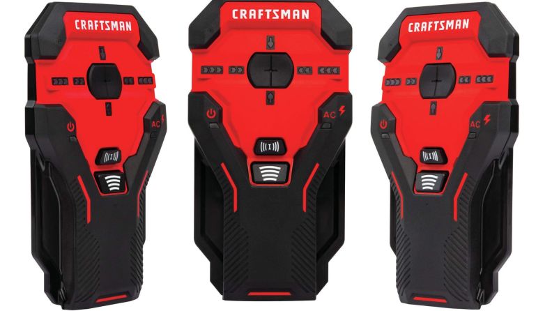 Three product shots of the red and black Craftsman CMHT77623 stud finder.