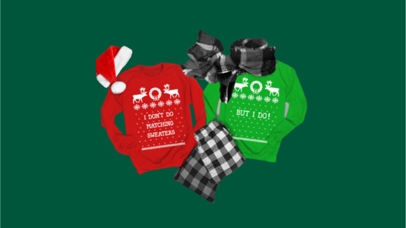 A matching ugly Christmas sweater where one reads