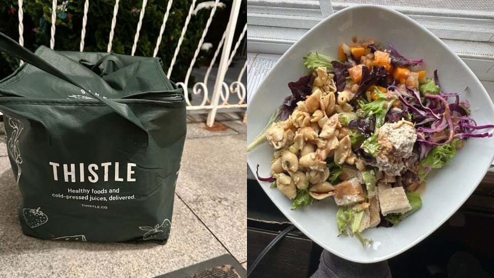 Left: Thistle reusable cooler bag on a front porch. Right: Bowl filled with fresh vegetables and pasta