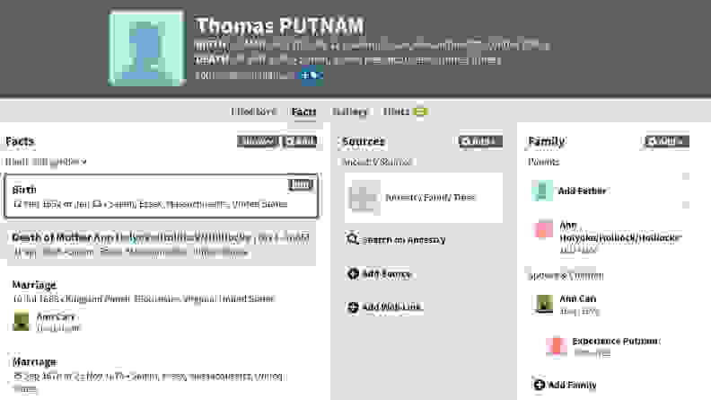 Screenshot of info on Thomas Putnam