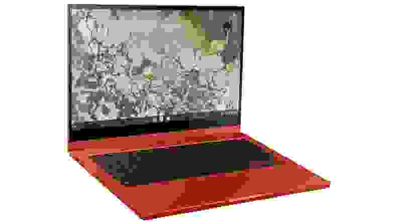 Red-ish Chromebook with green desktop background