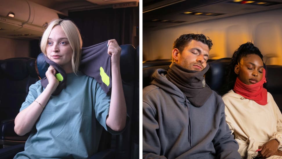 People wearing Trtl Travel pillows while sleeping on an airplane