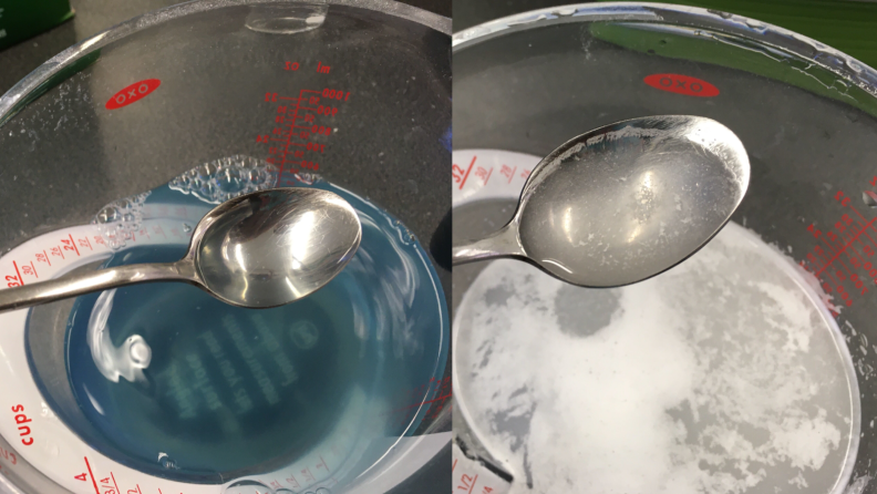 A side-by-side image showing laundry detergent dissolved in warm water and dishwasher detergent dissolved in warm water. While the laundry detergent is fully dissolved, the dishwasher detergent mixture still has white particles remaining in tact.