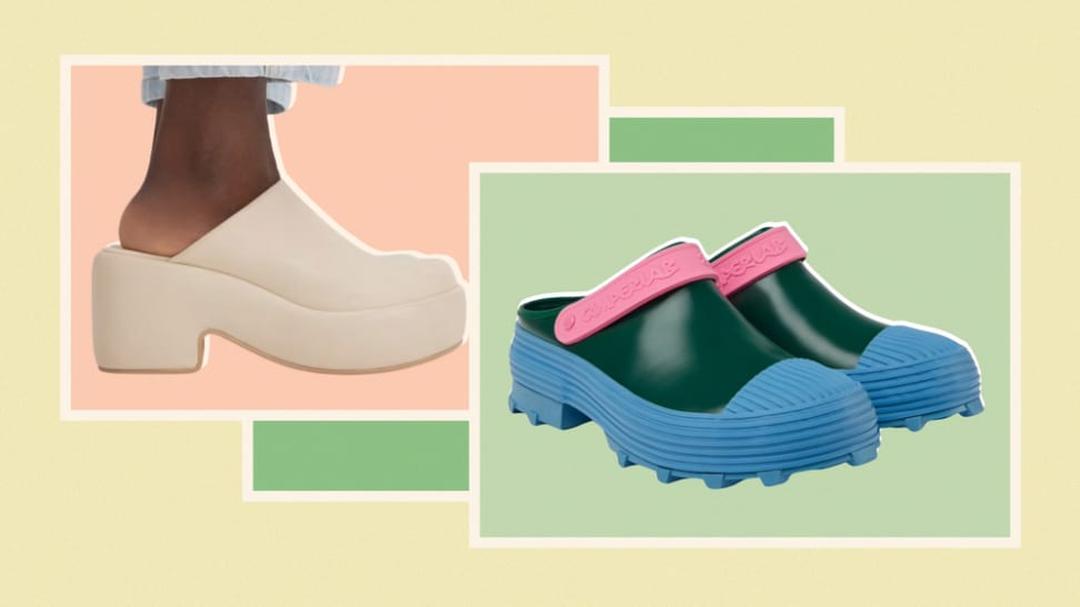 Everlane and Camper clogs on a multicolored background.