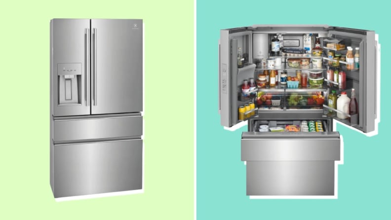 Le réfrigérateur Electrolux ERMC2295AS est fermé et ouvert, rempli de nourriture.