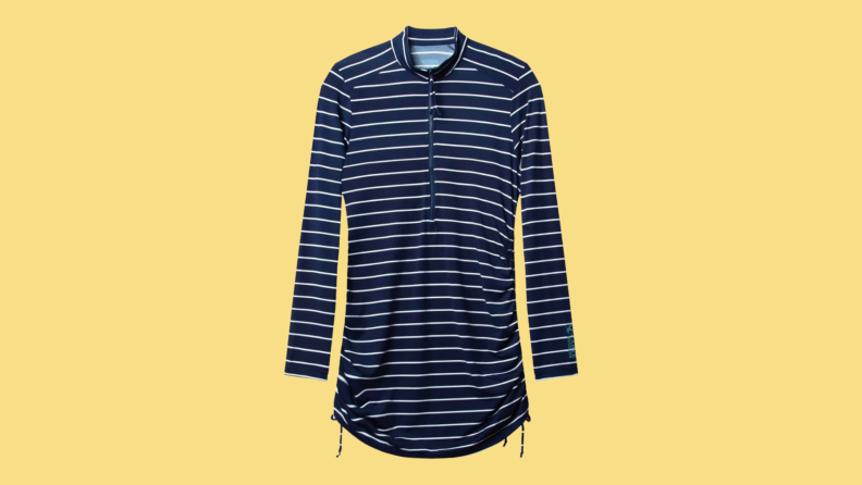A navy long sleeve shirt with white stripes.