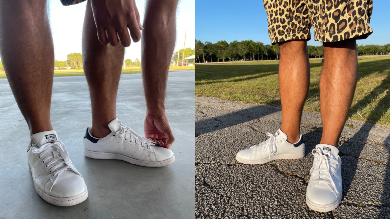 man standing in pair of Adidas Stan Smith shoes