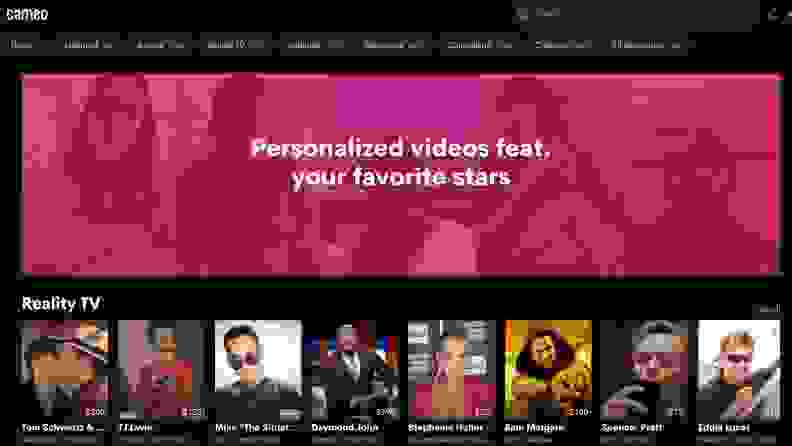 Screenshot of the Cameo video service's home screen. Reality TV stars like "The Situation" (formerly of Jersey Shore fame) and Spencer Pratt (of The Hills) are featured.