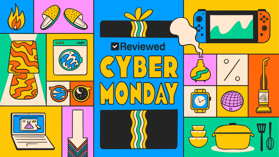 An image of shopping graphics with Cyber Monday written at the center