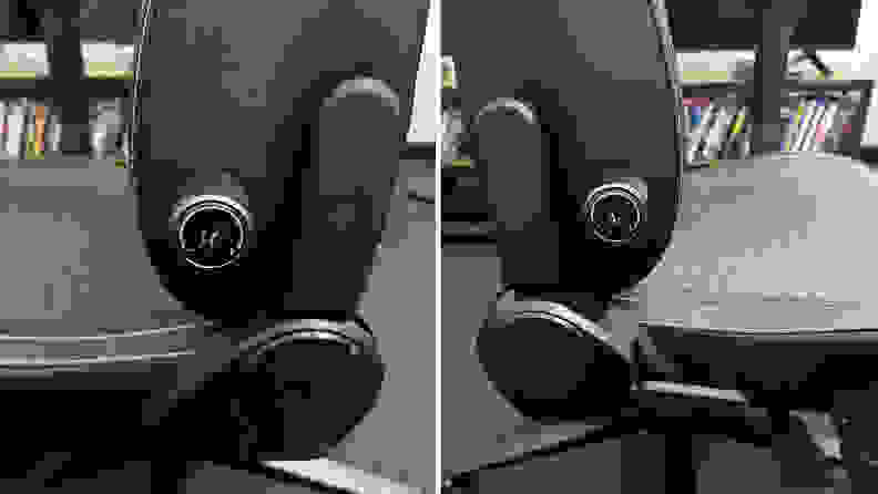 A composite image showing close-ups of the lumbar support dials on either side of the chair.