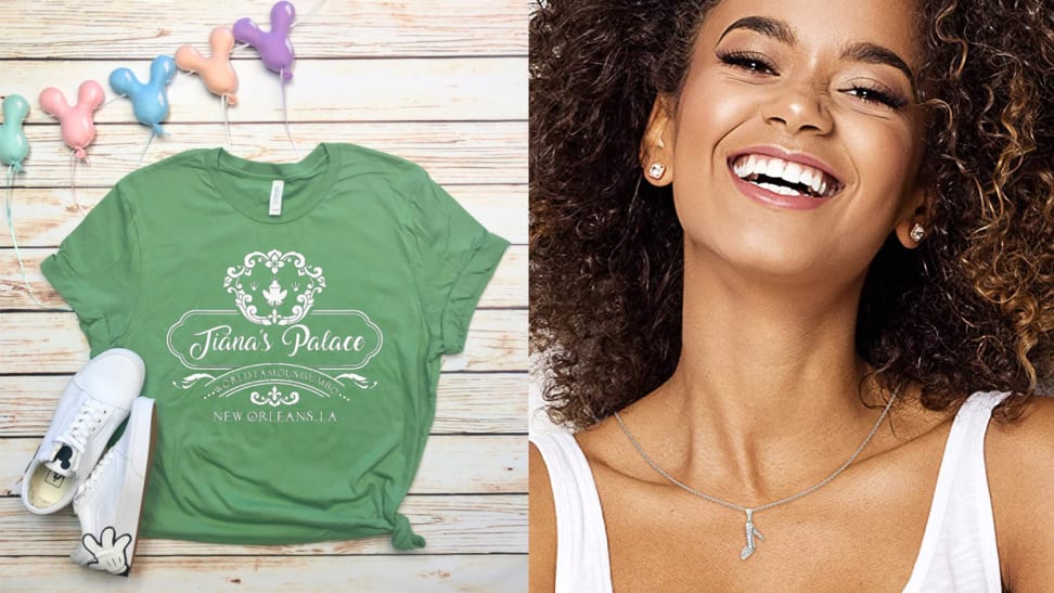 Green shirt with "Tiana's Palace" and woman wearing glass slipper necklace.