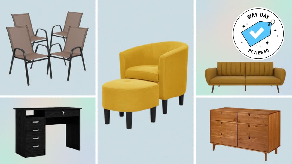 A collection of furniture pieces with the Way Day Reviewed badge in front of a colored background.