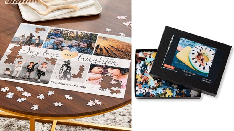 On left, a semi-completed puzzle on a coffee table. On right, a puzzle box slightly open to reveal the pieces.