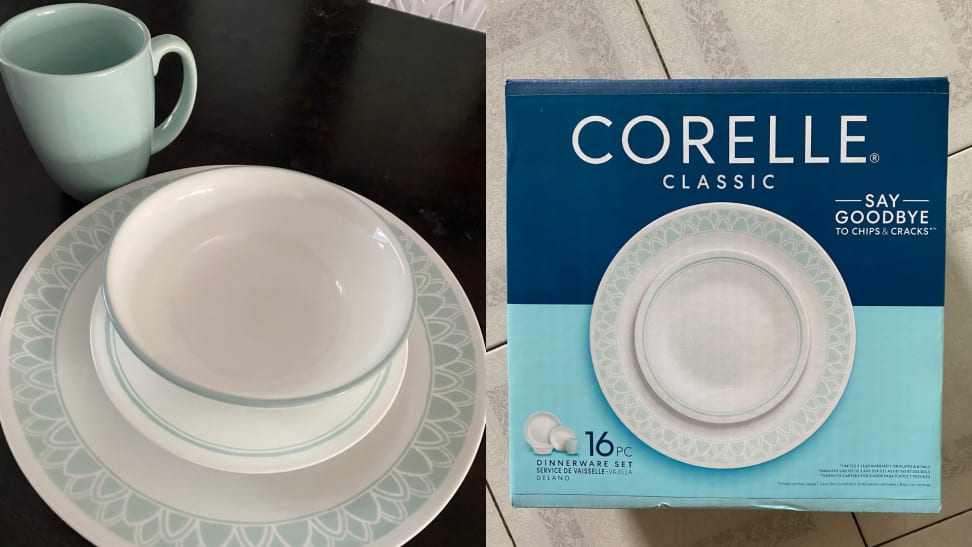 On left, four piece white and pastel blue set of Corelle dishes. On right, Corelle original packaging for 16-piece dinnerware set.