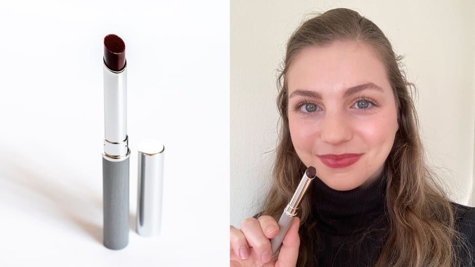 On the left: A slim silver tube of lipstick with the cap off to reveal a berry shade. On the right: The author wearing and holding the lipstick.