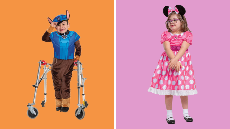 On left, child using walker while wearing Paw Patrol Halloween costume. On right, small child wearing Minnie Mouse Halloween costume.