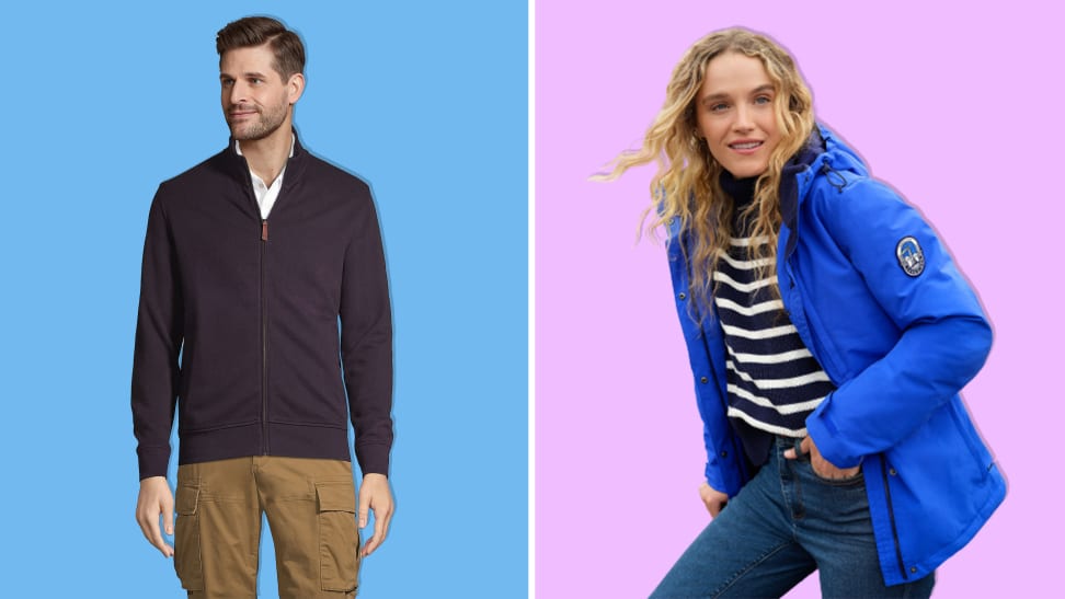 A man wearing a Lands' End fleece on a blue background and a woman wearing a winter jacket on a pink background.