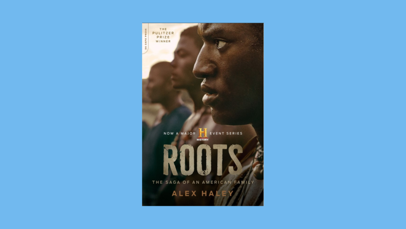 The book cover to "Roots" by Alex Haley features a photographic image of three characters.