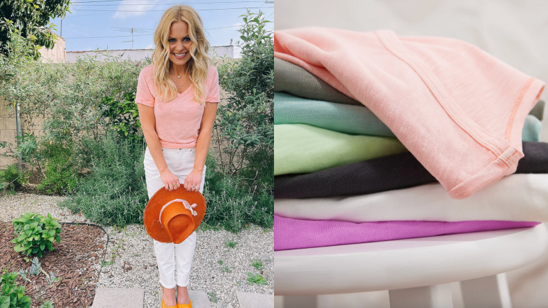 On left, person smiling at camera while holding hat outdoors. On right, stack of multi-colored folded shirts sitting on stool.