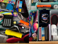 Cluttered junk drawer next to an organized junk drawer.