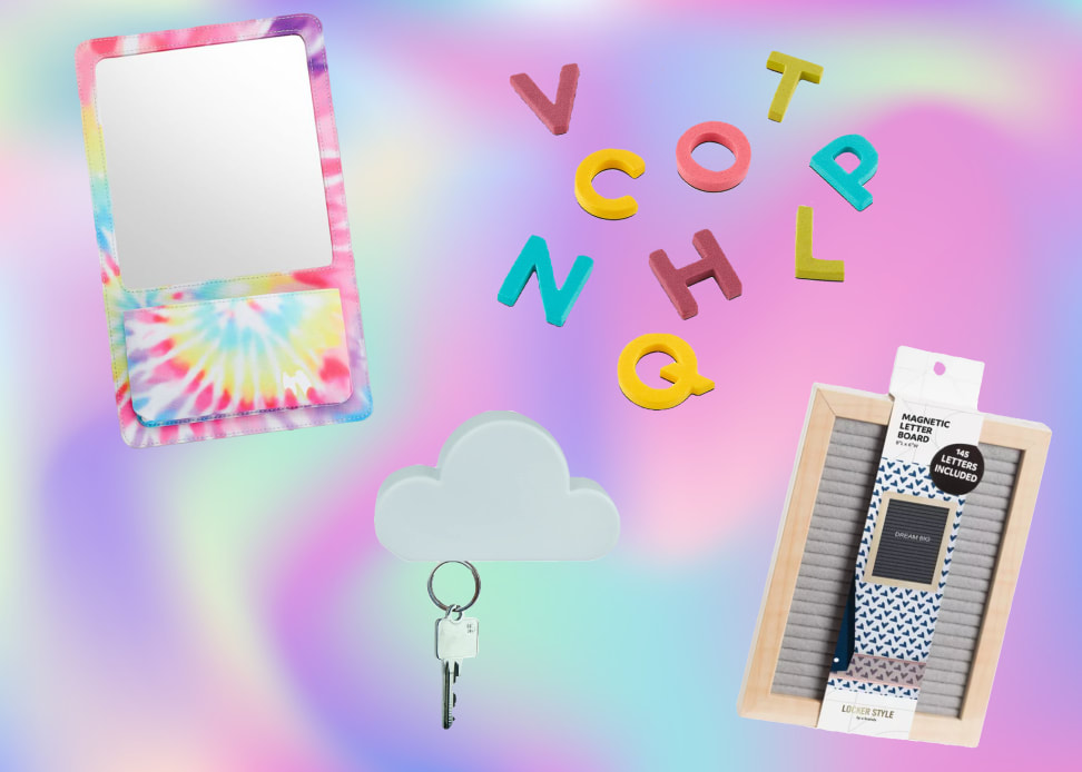 On right, rainbow tie-dye pocket organizer from PB Teen in front of multi-colored background. In middle,  magnetic cloud holding key from TWONE and magnetic letters from The Container Store in front of multi-colored background.. On right, wooden letter board from U Brands in front of multi-colored background.