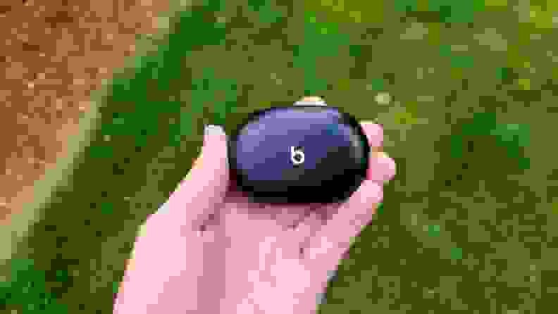 The black Beats Studio Buds are held with the pill-shaped case closed in front of a lush lawn and red mulch.