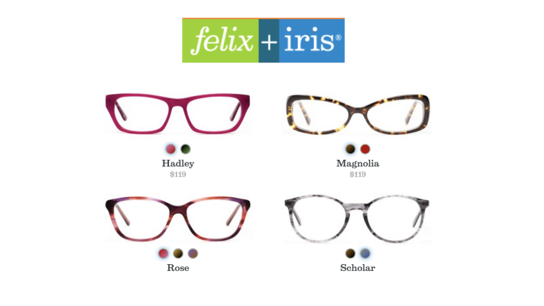 An image of the Felix + Iris logo with four pairs of glasses and their prices beneath it.