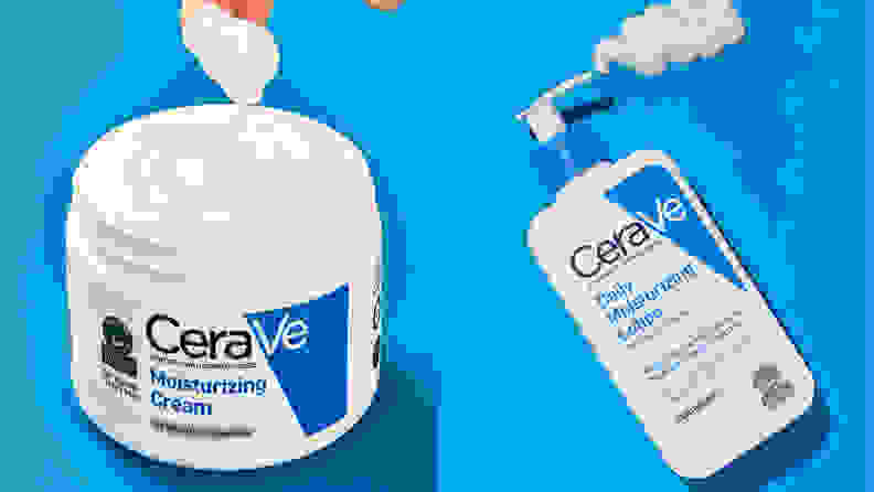 On the left: The tub of Cerave Moisturizing Cream sits on a blue background. On the right: The Cerave Daily Moisturizing Lotion lays on a blue background with a trail of the white product coming out of the pump.