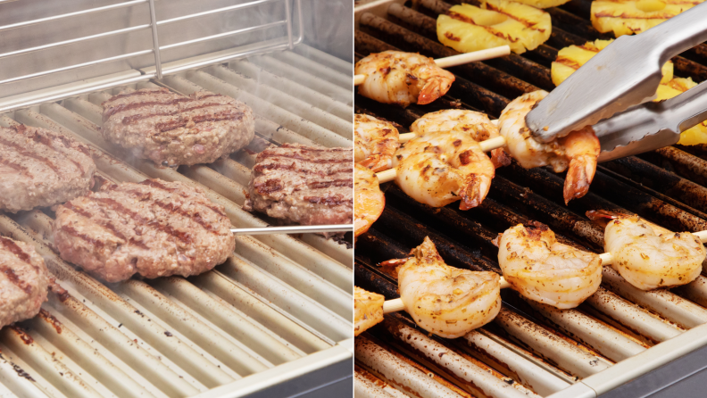 Left: Burgers cooking on the grill. Right: Shrimp skewers and pineapple cooking on the grill