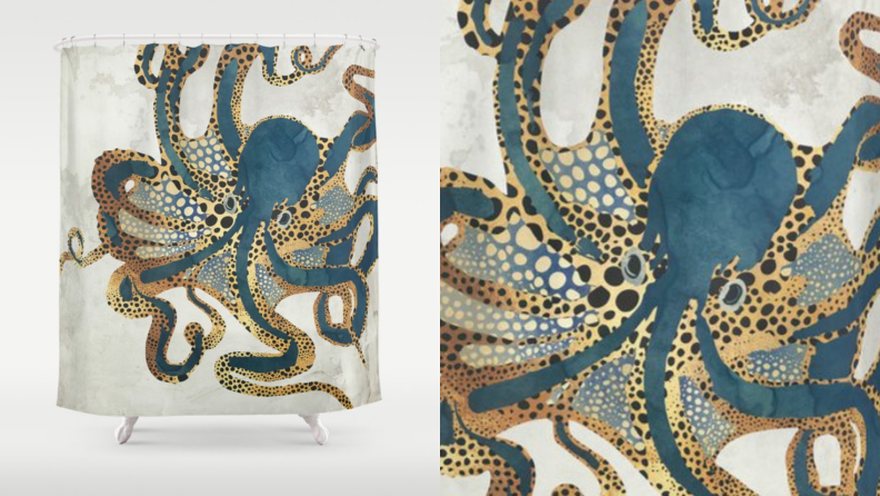 A shower curtain with an octopus design.