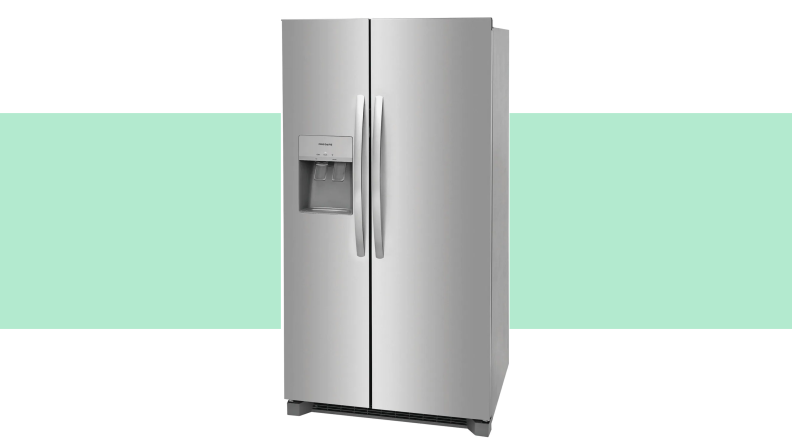 A side-by-side refrigerator with blue-green color in the background