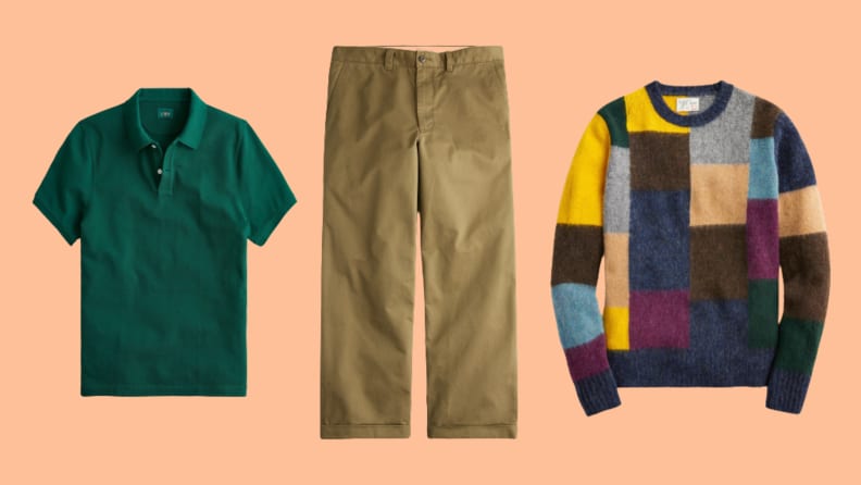 A green polo, a pair of khaki pants, and a multicolored sweater.