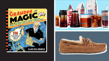 Grandpa Magic book, L.L. Bean Wicked Good Moccasins, Trade coffee subscription on blue grey and black background