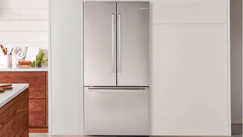 The Bosch B36CT80SNS French-door refrigerator installed in a bright, modern kitchen.