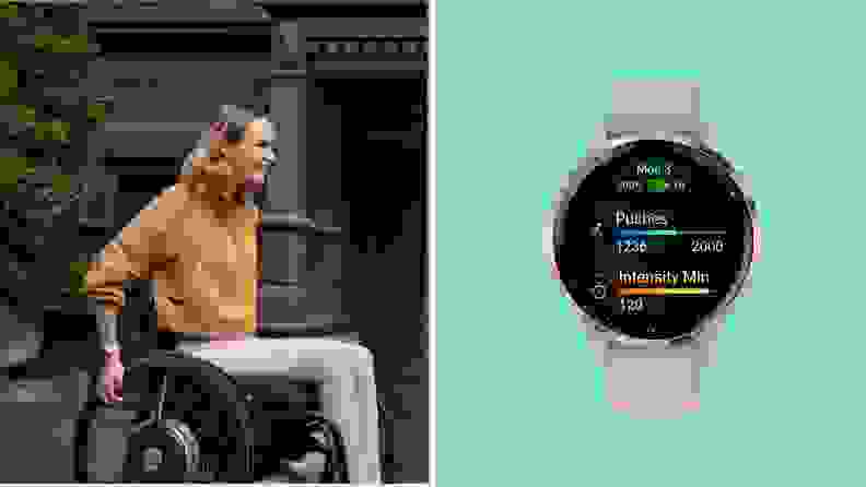 A side-by-side image of a woman in a wheelchair wearing a white Garmin Venu 3 smart watch on her wrist and a front view of the face of the Garmin Venu 3 in gray.