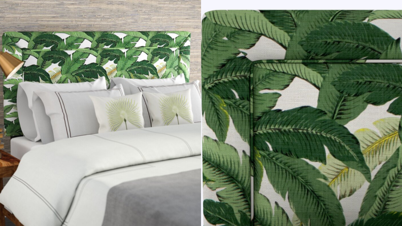 On left, green tropical Safety Harbor upholstered headboard from Wayfair behind bed in bedroom. On right, close up shot of green tropical Safety Harbor upholstered headboard.