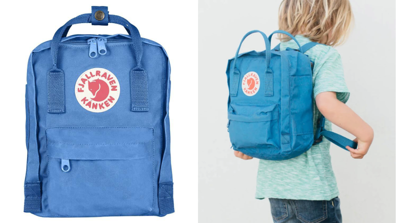 On the left: A small blue backpack. On the right: A young child wearing a small blue backpack