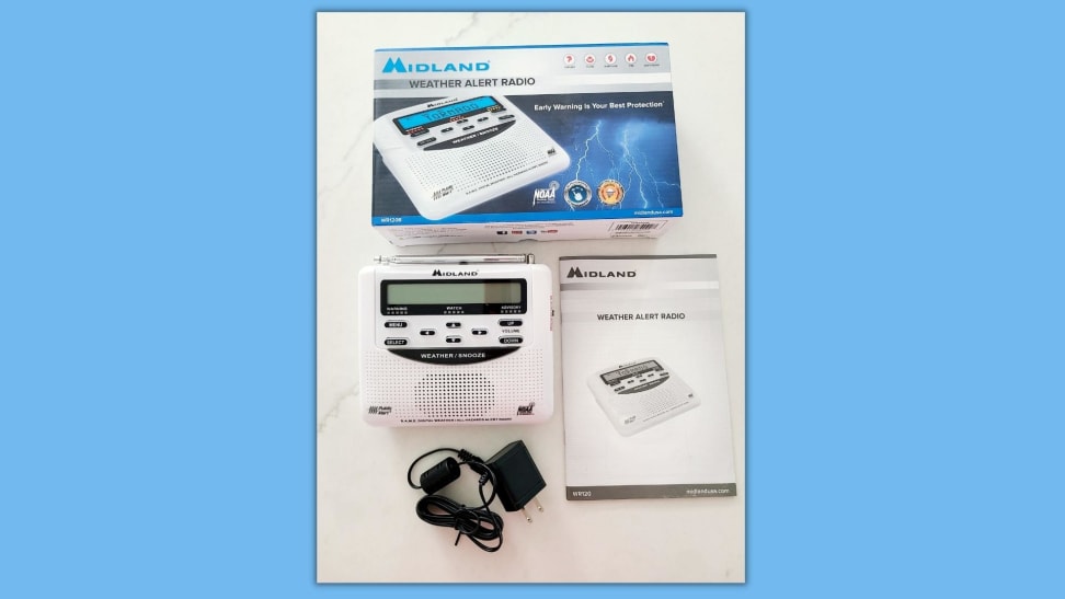 The Midland weather radio package and all of its content, including the weather radio itself, a power plug and the instructions booklet.