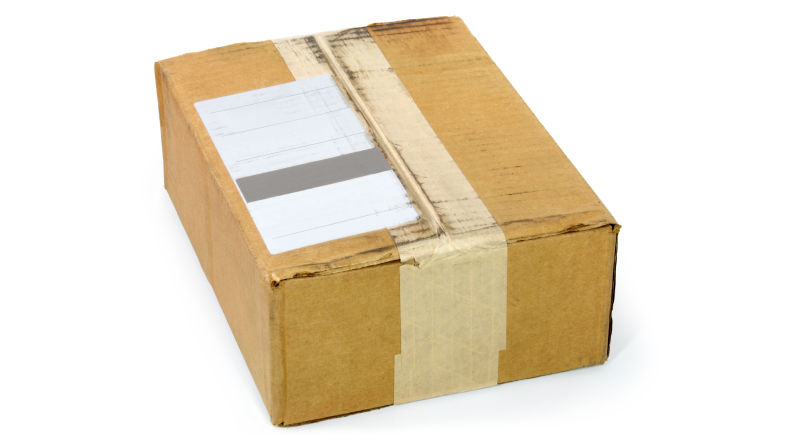 A cardboard box taped to be returned to sender.
