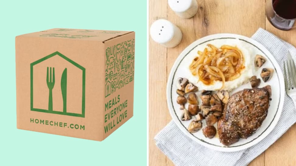 A Home Chef delivery box in front of a colored background next to a meal from Home Chef.