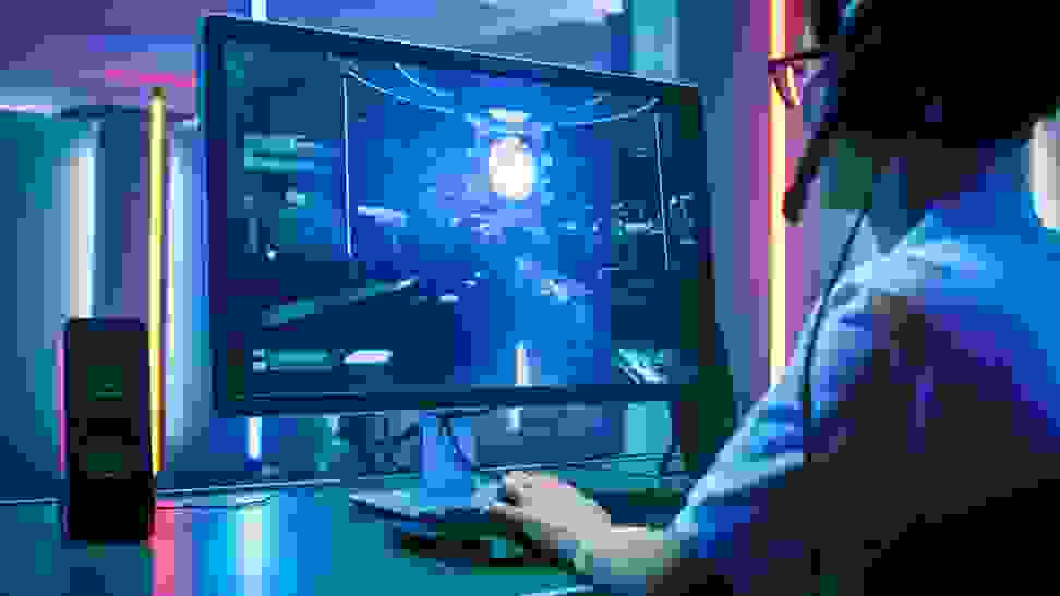 A person sitting at a desk in front of a computer monitor