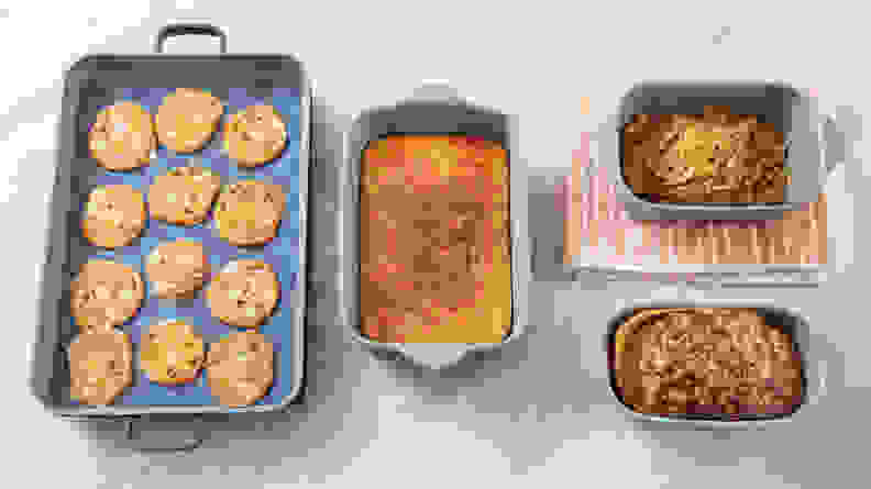 An overhead view of four baked goods in Our Place Bakeware.